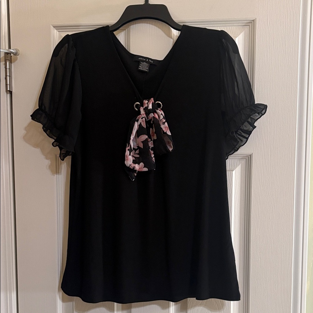 Adele & May Black Blouse with Pink Floral Tie